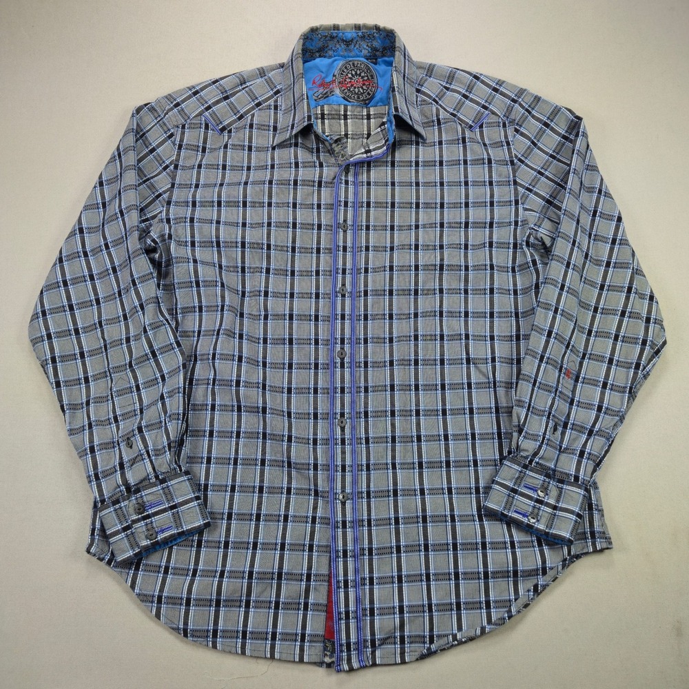 Robert Graham Button Down Shirt Plaid Textured Blue Grey Mens XL